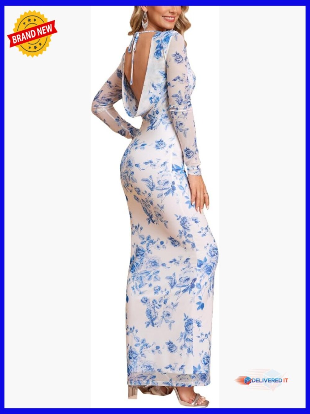 Long Sleeve Bodycon Maxi Dress Backless Tie Mesh Formal Wedding Guest Cocktail